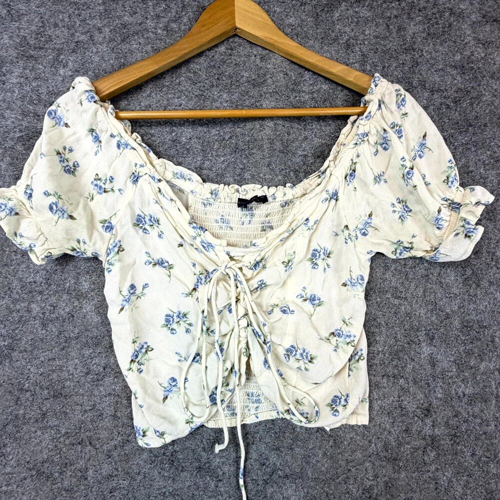 American Eagle Outfitters Peasant Top Womens XS Cream Boho Print Tie Bust‎ Crop